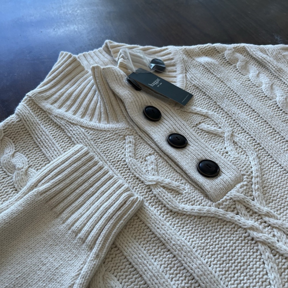 Haggar Mens XL Off White NWT Sweater Pullover 1/4 Button Cable Knit HA225643-111